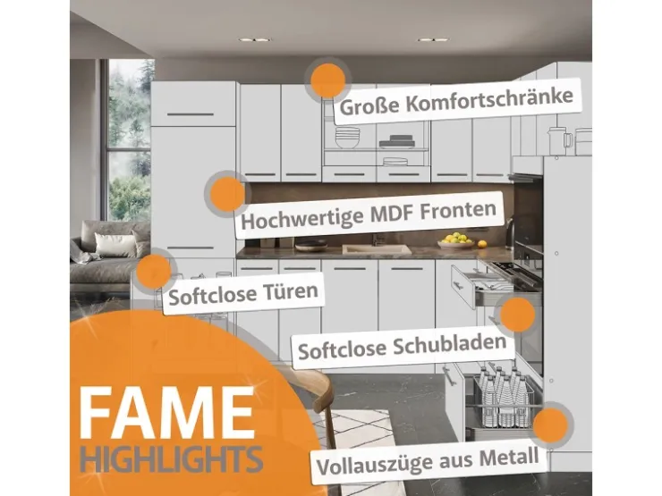 Winkelküchen<Vicco Fame-Line Eckküche Weiß Landhaus/Anthrazit 160 x 60 cm ohne Arbeitsplatte ohne E-Geräte Weiß Strukturiert