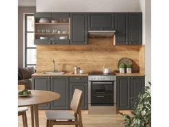 Einbauküchen<Vicco Fame-Line Küchenschränke Anthrazit Landhaus/Goldkraft Eiche 240 cm AP Marmor ohne E-Geräte Anthrazit Struktur