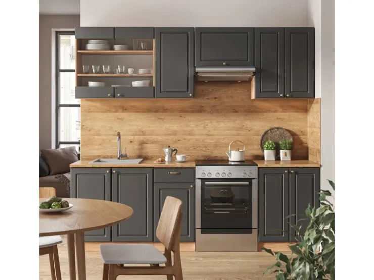 Einbauküchen<Vicco Fame-Line Küchenschränke Anthrazit Landhaus/Goldkraft Eiche 240 cm AP Marmor ohne E-Geräte Anthrazit Struktur
