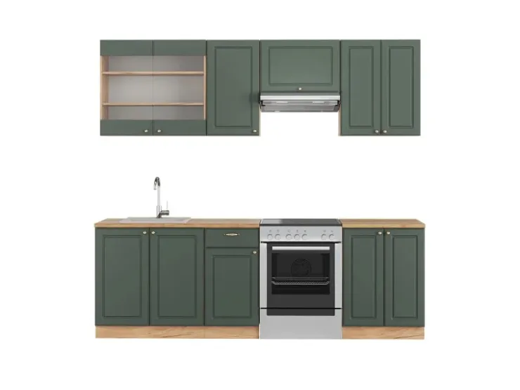 Einbauküchen<Vicco Fame-Line Küchenschränke -Gold Landhaus/Goldkraft Eiche 240 cm AP Eiche ohne E-Geräte Grün