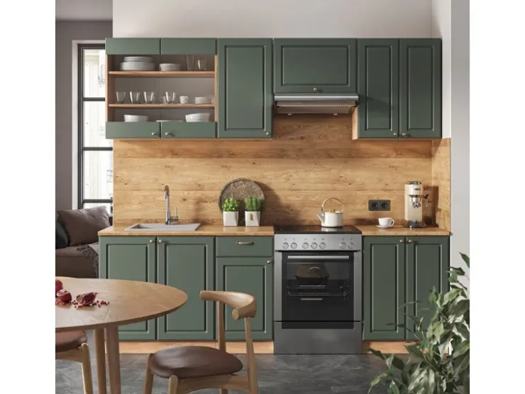 Einbauküchen<Vicco Fame-Line Küchenschränke -Gold Landhaus/Goldkraft Eiche 240 cm AP Eiche ohne E-Geräte Grün