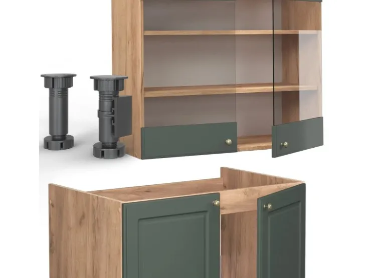 Einbauküchen<Vicco Fame-Line Küchenschränke -Gold Landhaus/Goldkraft Eiche 240 cm AP Eiche ohne E-Geräte Grün
