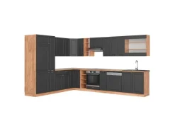 Einbauküchen|Winkelküchen<Vicco Fame-Line Küchenschränke Anthrazit Landhaus/Goldkraft Eiche 347 x 257 cm AP Eiche ohne E-Geräte Anthrazit Struktur