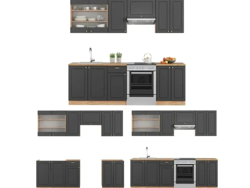 Clearance Vicco Fame-Line Küchenschränke Anthrazit Landhaus/Goldkraft Eiche 240 cm AP Anthrazit ohne E-Geräte Einbauküchen