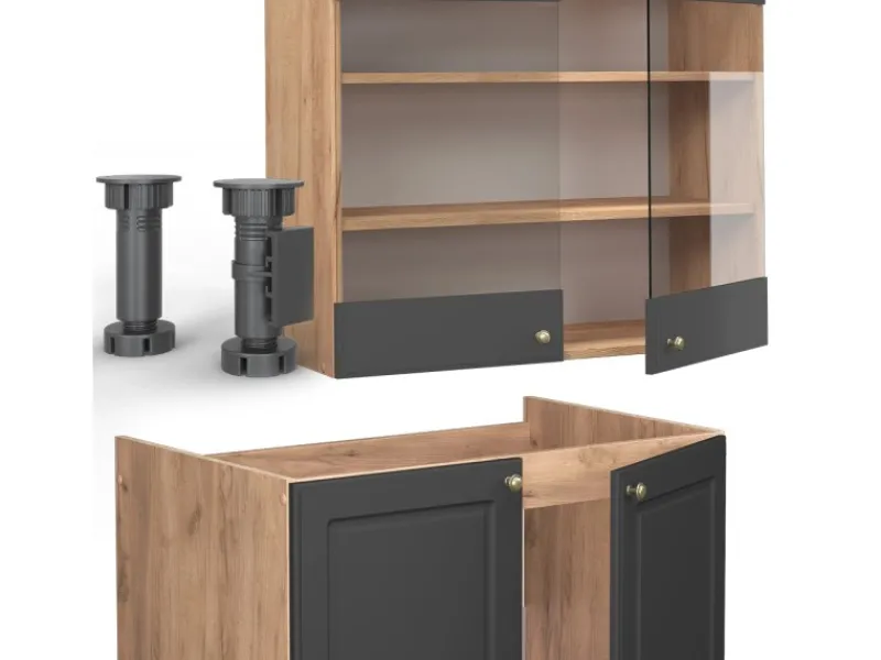 Clearance Vicco Fame-Line Küchenschränke Anthrazit Landhaus/Goldkraft Eiche 240 cm AP Anthrazit ohne E-Geräte Einbauküchen