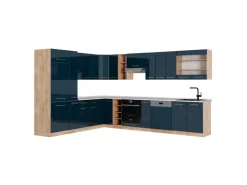 Best Vicco Fame-Line Küchenschränke Hochglanz/Goldkraft Eiche 257 x 60 cm AP Marmor ohne E-Geräte Dunkelblau