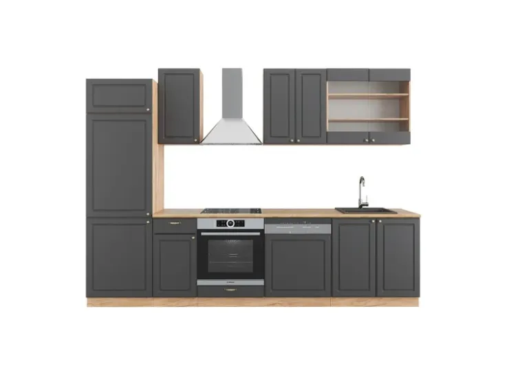 Discount Vicco Fame-Line Küchenzeile Anthrazit Landhaus/Goldkraft Eiche 300 cm ohne Arbeitsplatte ohne E-Geräte Anthrazit Struktur