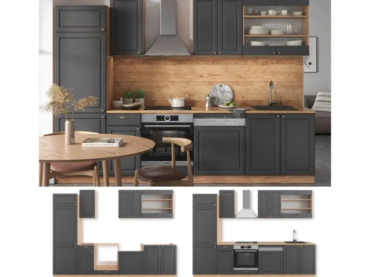 Discount Vicco Fame-Line Küchenzeile Anthrazit Landhaus/Goldkraft Eiche 300 cm ohne Arbeitsplatte ohne E-Geräte Anthrazit Struktur