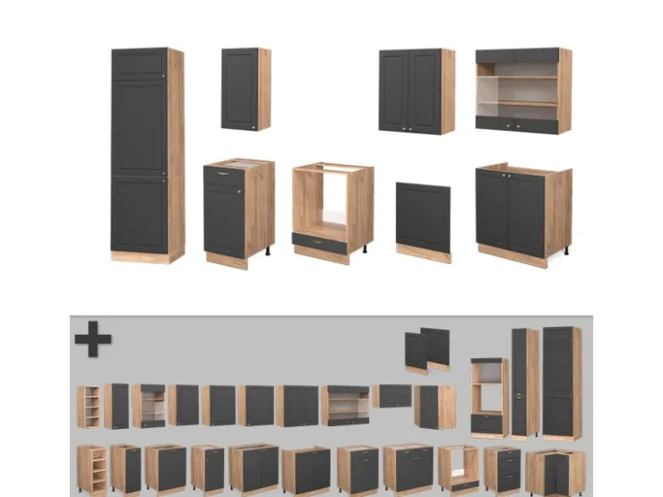 Discount Vicco Fame-Line Küchenzeile Anthrazit Landhaus/Goldkraft Eiche 300 cm ohne Arbeitsplatte ohne E-Geräte Anthrazit Struktur