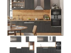 Einbauküchen<Vicco Fame-Line Küchenzeile Anthrazit Landhaus/Goldkraft Eiche 300 cm mit Hochschrankohne Arbeitsplatte ohne E-Geräte Anthrazit Struktur