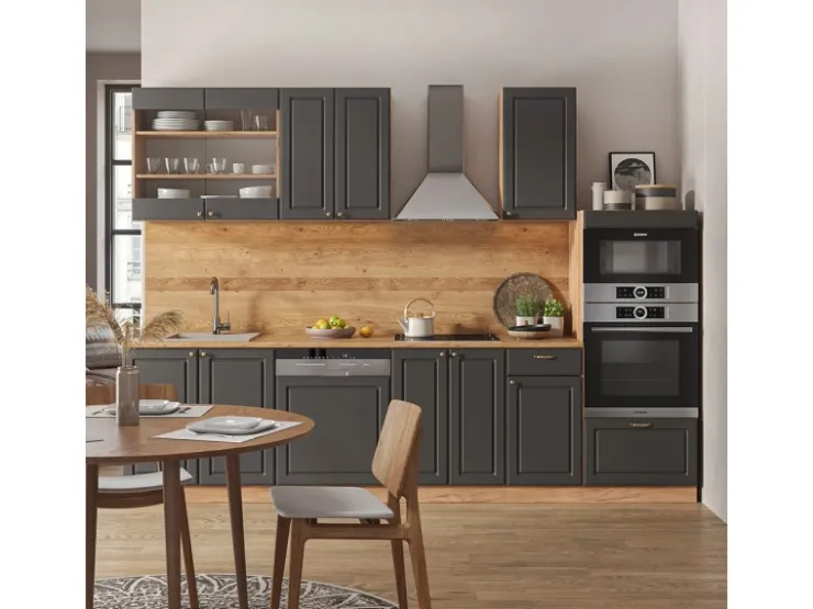 New Vicco Fame-Line Küchenzeile Anthrazit Landhaus/Goldkraft Eiche 300 cm mit HochschrankAP Anthrazit ohne E-Geräte Anthrazit Struktur