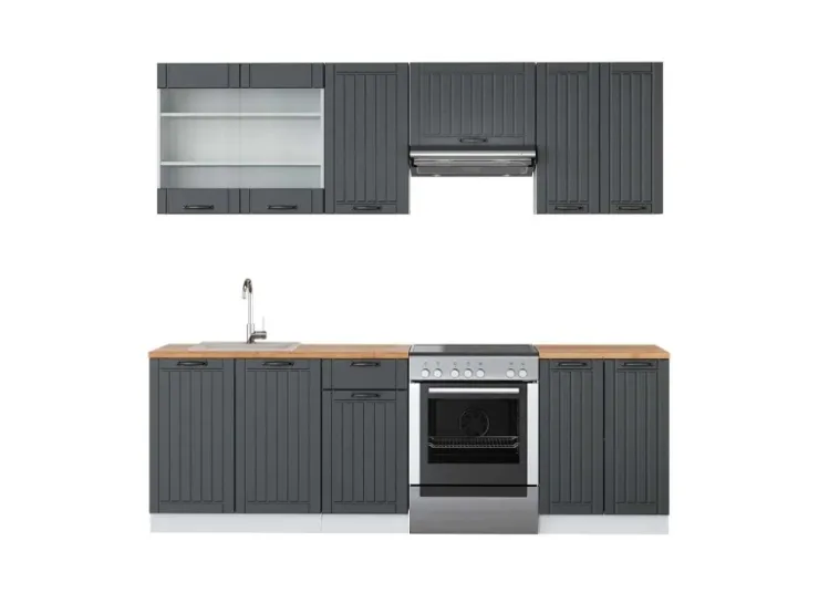 Einbauküchen<Vicco Fame-Line Küchenzeile Anthrazit Landhaus/Weiß 240 cm AP Eiche ohne E-Geräte Anthrazit Struktur