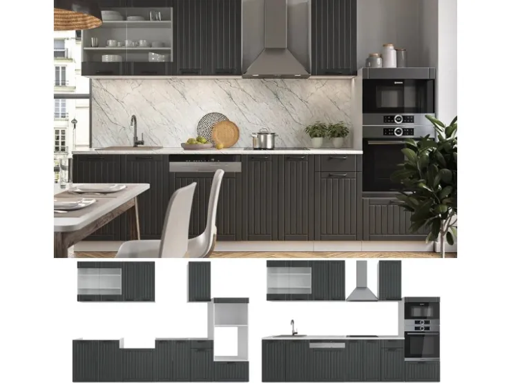 Einbauküchen<Vicco Fame-Line Küchenzeile Anthrazit Landhaus/Weiß 300 cm mit Hochschrankohne Arbeitsplatte ohne E-Geräte Anthrazit Struktur
