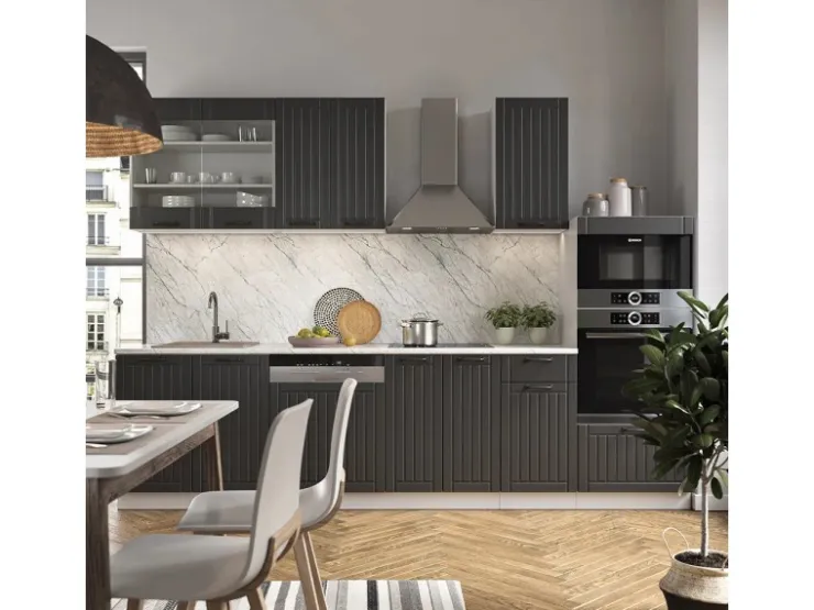 Einbauküchen<Vicco Fame-Line Küchenzeile Anthrazit Landhaus/Weiß 300 cm mit Hochschrankohne Arbeitsplatte ohne E-Geräte Anthrazit Struktur
