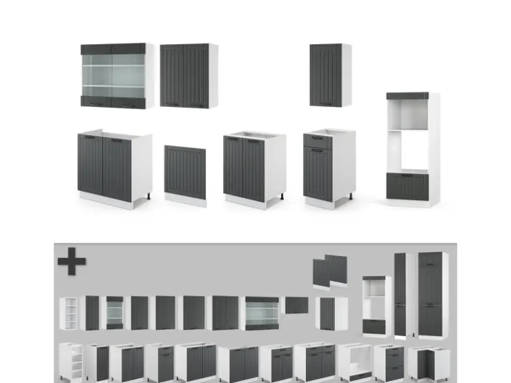 Einbauküchen<Vicco Fame-Line Küchenzeile Anthrazit Landhaus/Weiß 300 cm mit Hochschrankohne Arbeitsplatte ohne E-Geräte Anthrazit Struktur