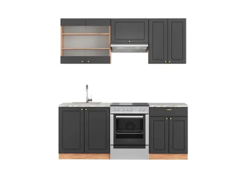 Clearance Vicco Fame-Line Küchenzeile Anthrazit Landhaus/Goldkraft Eiche 200 cm AP Marmor ohne E-Geräte Einbauküchen