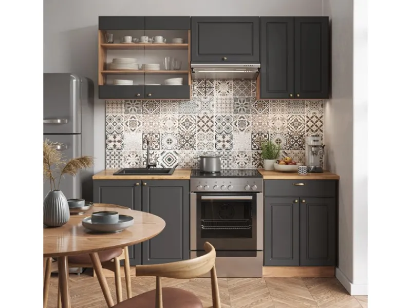 Clearance Vicco Fame-Line Küchenzeile Anthrazit Landhaus/Goldkraft Eiche 200 cm AP Marmor ohne E-Geräte Einbauküchen