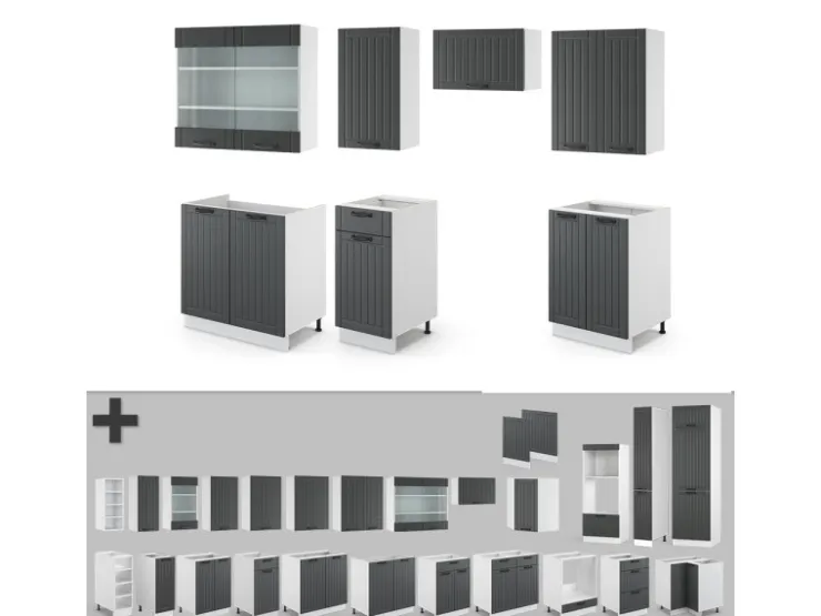 Einbauküchen<Vicco Fame-Line Küchenzeile Anthrazit Landhaus/Weiß 240 cm ohne Arbeitsplatte ohne E-Geräte Anthrazit Struktur