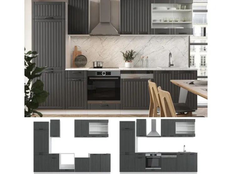 Discount Vicco Fame-Line Küchenzeile Anthrazit Landhaus/Weiß 300 cm ohne Arbeitsplatte ohne E-Geräte Anthrazit Struktur