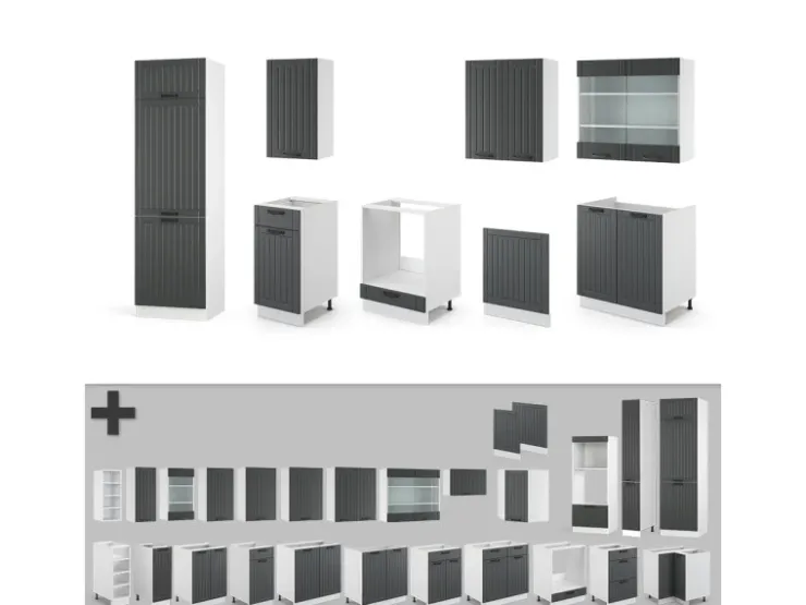Discount Vicco Fame-Line Küchenzeile Anthrazit Landhaus/Weiß 300 cm ohne Arbeitsplatte ohne E-Geräte Anthrazit Struktur