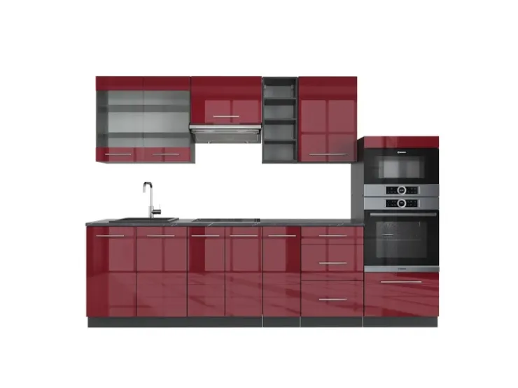 Best Vicco Fame-Line Küchenzeile Bordeaux Hochglanz/Anthrazit 280 cm ohne Arbeitsplatte ohne E-Geräte Brilliant Bordeaux