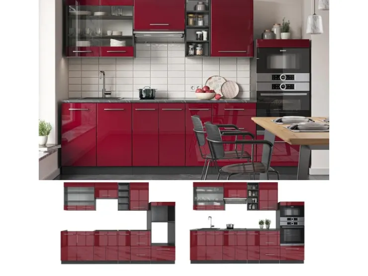 Best Vicco Fame-Line Küchenzeile Bordeaux Hochglanz/Anthrazit 280 cm ohne Arbeitsplatte ohne E-Geräte Brilliant Bordeaux