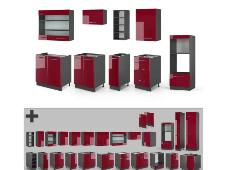 Best Vicco Fame-Line Küchenzeile Bordeaux Hochglanz/Anthrazit 280 cm ohne Arbeitsplatte ohne E-Geräte Brilliant Bordeaux