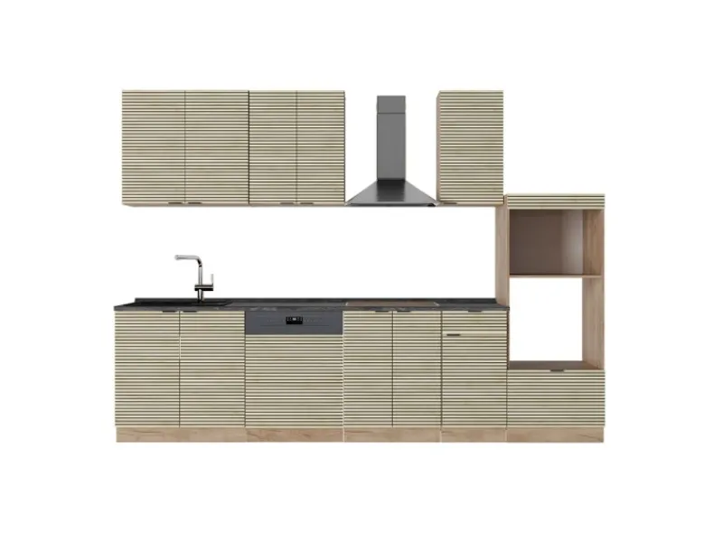New Vicco Fame-Line Küchenzeile Eiche Paneel/Goldkraft Eiche 300 cm mit HochschrankAP Anthrazit ohne E-Geräte Einbauküchen