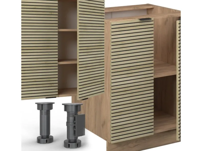 New Vicco Fame-Line Küchenzeile Eiche Paneel/Goldkraft Eiche 300 cm mit HochschrankAP Anthrazit ohne E-Geräte Einbauküchen