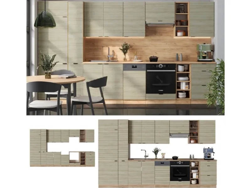 Vicco Fame-Line Küchenzeile Eiche Paneel/Goldkraft Eiche 355 cm AP Marmor ohne E-Geräte Kochfelder|Kühlschränke