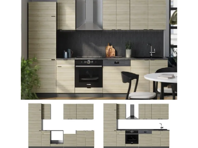 Discount Vicco Fame-Line Küchenzeile Eiche Paneel/Anthrazit 300 cm AP Anthrazit ohne E-Geräte Kochfelder|Kühlschränke