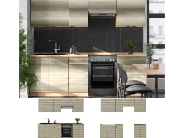 Outlet Vicco Fame-Line Küchenzeile Eiche Paneel/Goldkraft Eiche 240 cm AP Anthrazit ohne E-Geräte Berghütten Eiche