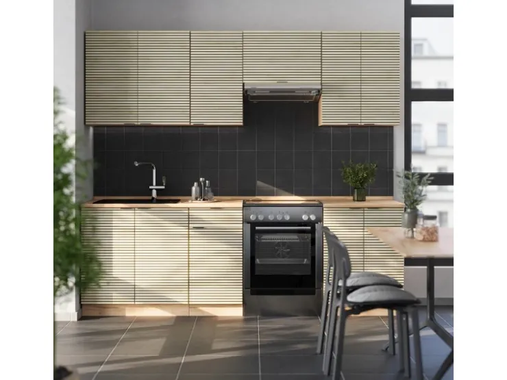 Outlet Vicco Fame-Line Küchenzeile Eiche Paneel/Goldkraft Eiche 240 cm AP Anthrazit ohne E-Geräte Berghütten Eiche