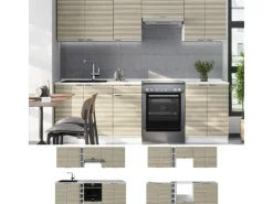 New Vicco Fame-Line Küchenzeile Eiche Paneel/Weiß 235 cm AP Marmor ohne E-Geräte Herde|Pantryküchen