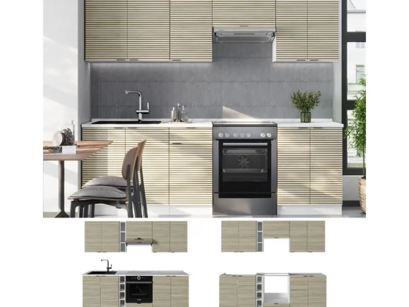 New Vicco Fame-Line Küchenzeile Eiche Paneel/Weiß 235 cm AP Marmor ohne E-Geräte Herde|Pantryküchen