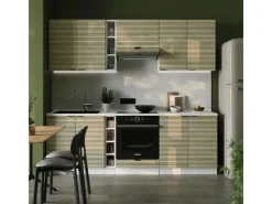 New Vicco Fame-Line Küchenzeile Eiche Paneel/Weiß 235 cm AP Marmor ohne E-Geräte Herde|Pantryküchen