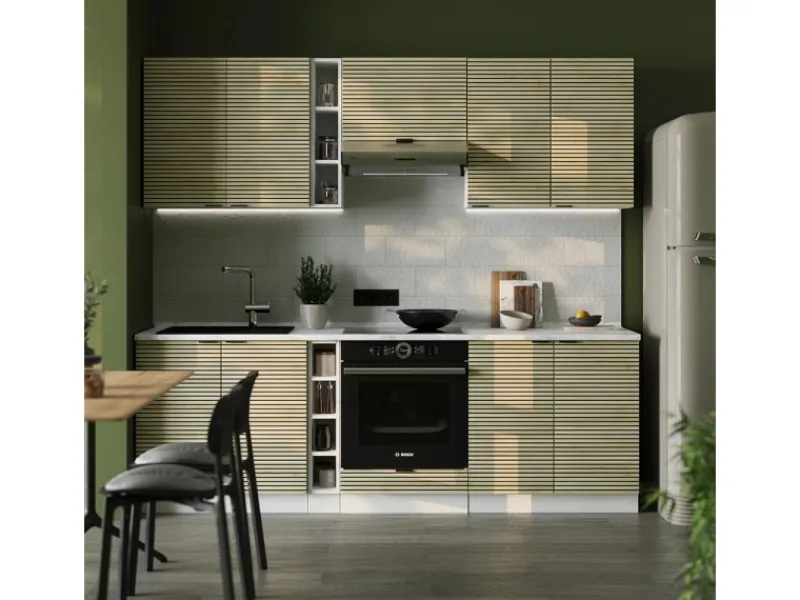 New Vicco Fame-Line Küchenzeile Eiche Paneel/Weiß 235 cm AP Marmor ohne E-Geräte Herde|Pantryküchen