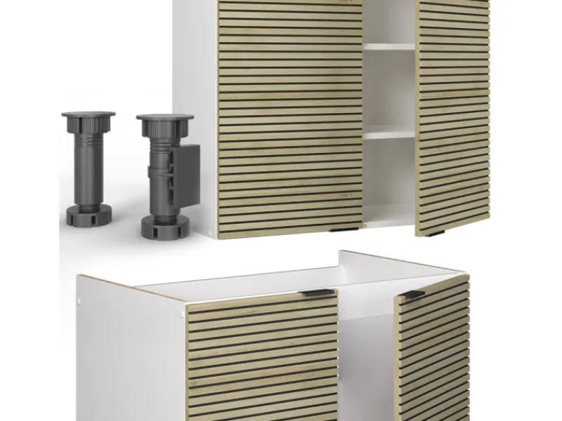 New Vicco Fame-Line Küchenzeile Eiche Paneel/Weiß 235 cm AP Marmor ohne E-Geräte Herde|Pantryküchen