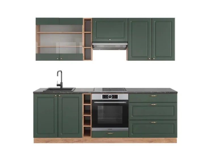 Best Vicco Fame-Line Küchenzeile -Gold Landhaus/Goldkraft Eiche 235 cm AP Anthrazit ohne E-Geräte Grün