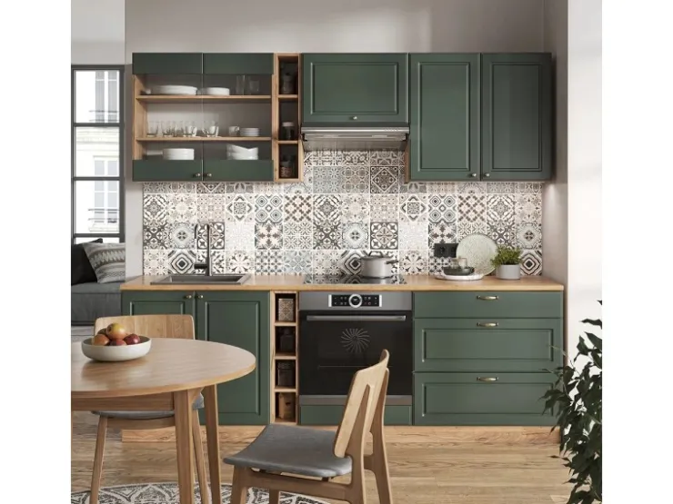 Best Vicco Fame-Line Küchenzeile -Gold Landhaus/Goldkraft Eiche 235 cm AP Anthrazit ohne E-Geräte Grün