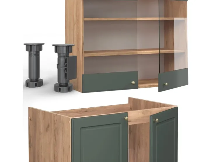 Best Vicco Fame-Line Küchenzeile -Gold Landhaus/Goldkraft Eiche 235 cm AP Anthrazit ohne E-Geräte Grün