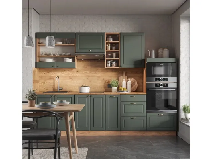 Best Vicco Fame-Line Küchenzeile -Gold Landhaus/Goldkraft Eiche 280 cm AP Marmor ohne E-Geräte Grün