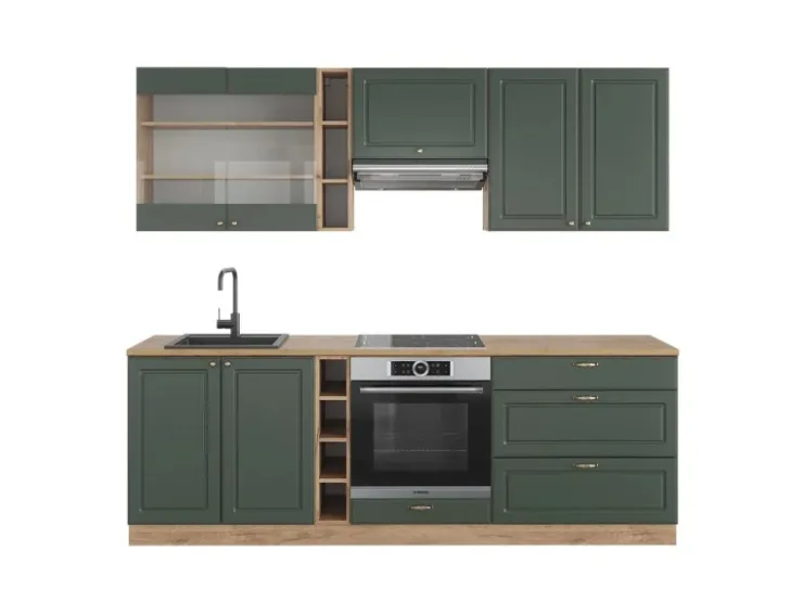 New Vicco Fame-Line Küchenzeile -Gold Landhaus/Goldkraft Eiche 235 cm AP Eiche ohne E-Geräte Grün