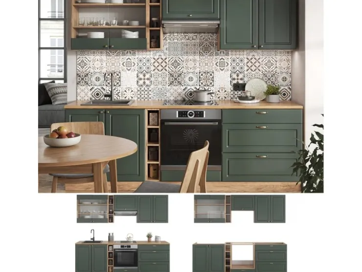 New Vicco Fame-Line Küchenzeile -Gold Landhaus/Goldkraft Eiche 235 cm AP Eiche ohne E-Geräte Grün