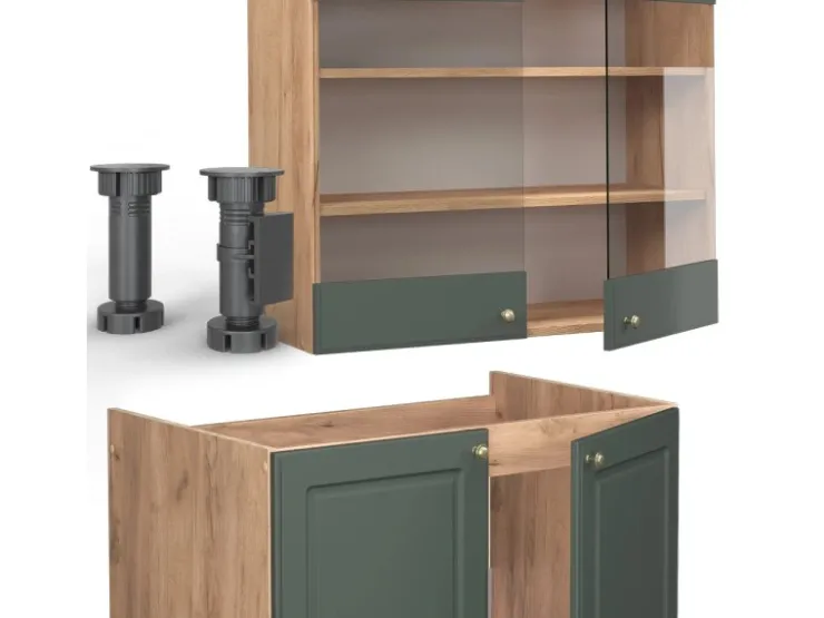 New Vicco Fame-Line Küchenzeile -Gold Landhaus/Goldkraft Eiche 235 cm AP Eiche ohne E-Geräte Grün