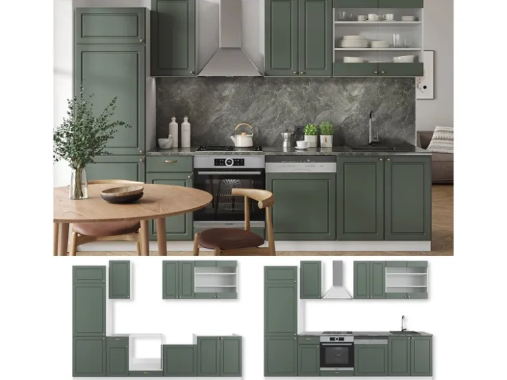Discount Vicco Fame-Line Küchenzeile -Gold Landhaus/Weiß 300 cm AP Eiche ohne E-Geräte Grün