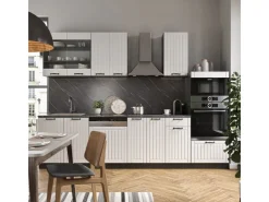 Einbauküchen<Vicco Fame-Line Küchenzeile Weiß Landhaus/Anthrazit 300 cm mit HochschrankAP Marmor ohne E-Geräte Weiß Strukturiert