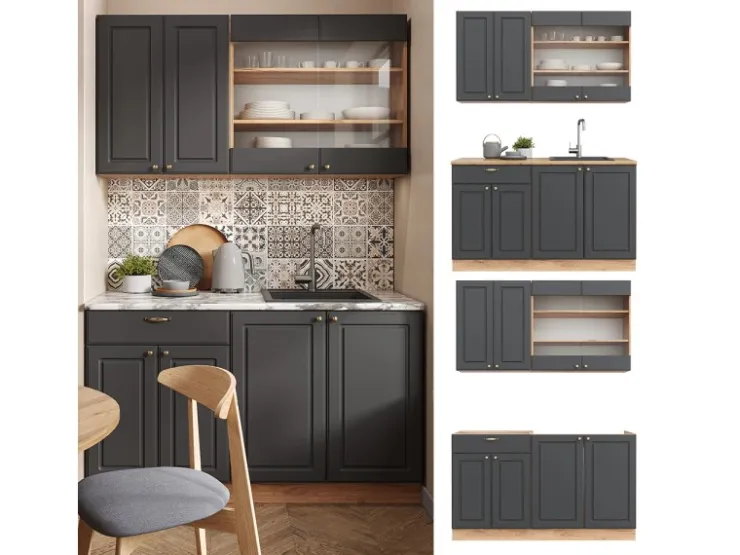 Sale Vicco Fame-Line Singleküche Anthrazit Landhaus/Goldkraft Eiche 140 cm AP Anthrazit ohne E-Geräte Anthrazit Struktur