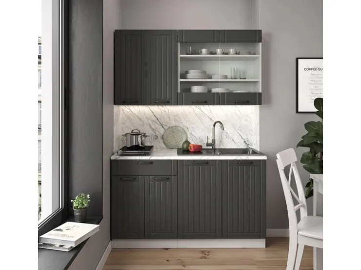 Discount Vicco Fame-Line Singleküche Anthrazit Landhaus/Weiß 140 cm AP Marmor ohne E-Geräte Anthrazit Struktur