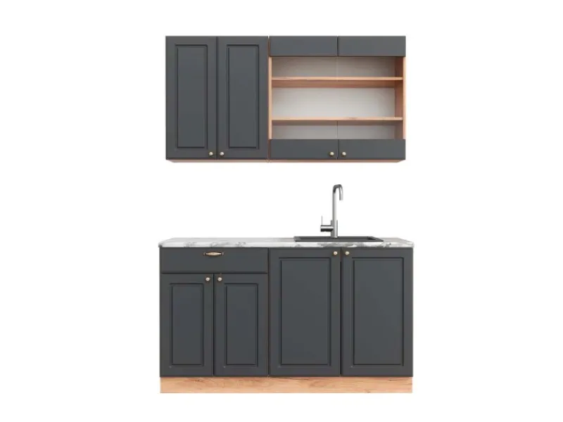Hot Vicco Fame-Line Singleküche Anthrazit Landhaus/Goldkraft Eiche 140 cm AP Marmor ohne E-Geräte Single-Küchen